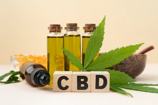 Des bouteilles d'huile de CBD avec une feuille de cannabis et des blocs en bois affichant 'CBD' sur un fond neutre.